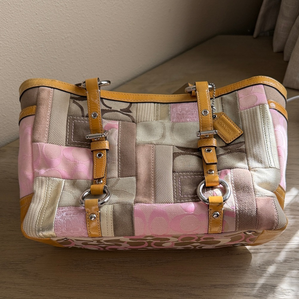 Coach Patchwork Leather Tote Bag - Pink and Tan